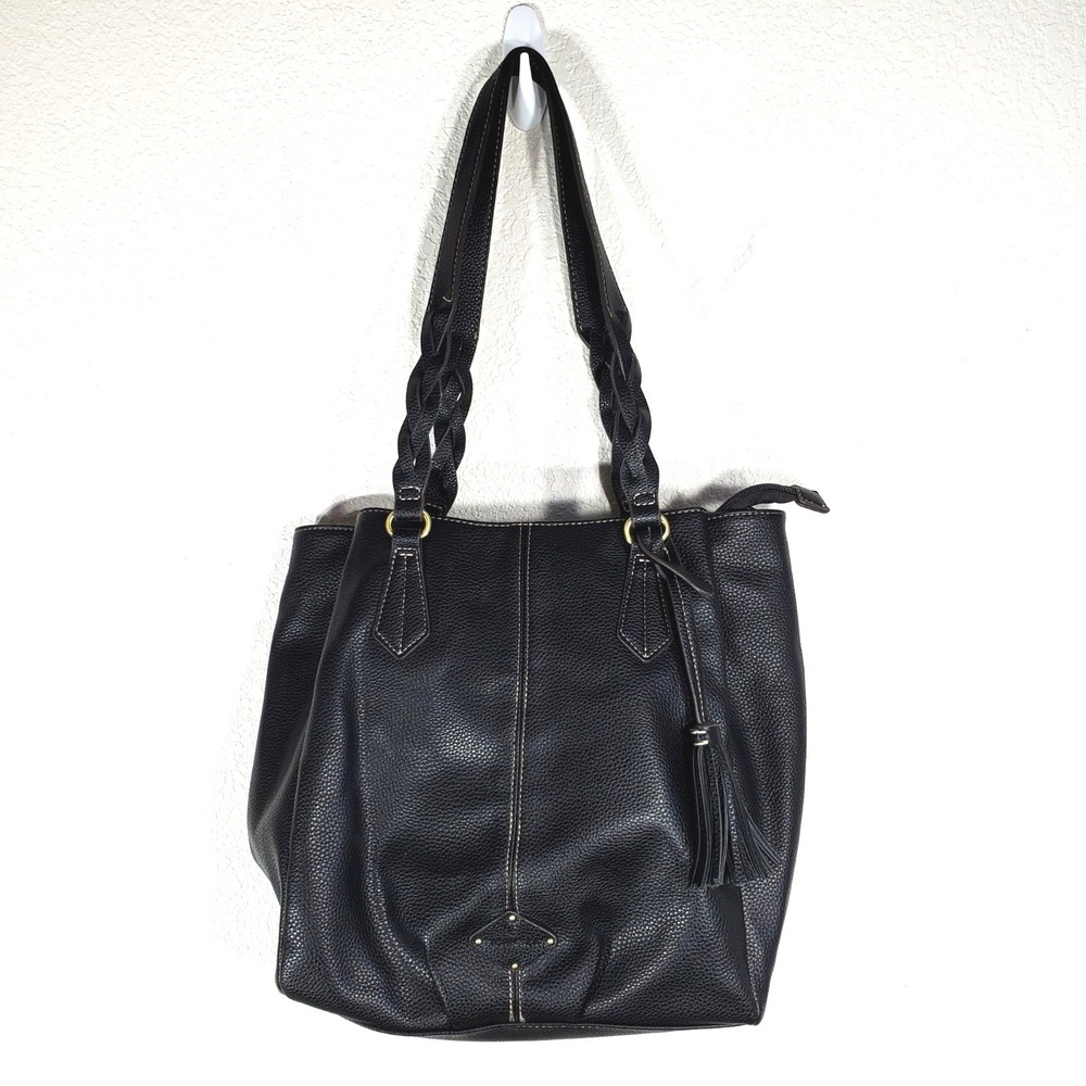 St. Johns Bay Black Faux Leather Tote Bag With Braided Handles & Tassel Accent